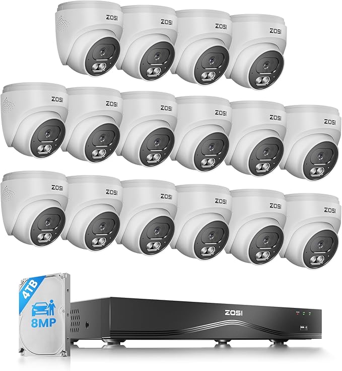 ZOSI C220 4K 8MP 16CH POE NVR Security Camera System (32CH Expandable), 16 x 8MP PoE IP Cameras Outdoor Indoor, 24/7 Recording, AI Human/Vehicle/Face Detection, Two-Way Talk, Night Vision, 4TB HDD
