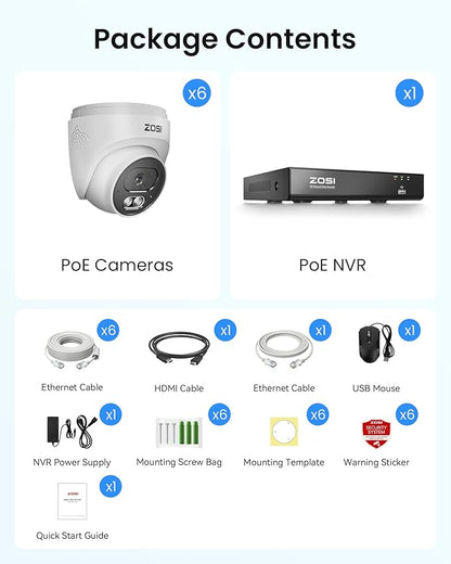 ZOSI C220 4K 8MP 8CH POE NVR Security Camera System (16CH Expandable), 6 x 8MP PoE IP Dome Cameras Outdoor Indoor, AI Human/Vehicle/Face Detection, One-Way Audio, 100ft IR Night Vision, 2TB HDD
