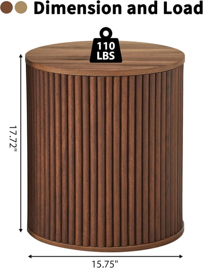 AVZEAR Fluted Round Side Table with Storage, Small Mid Century End Table Fluted Nightstands, Modern Circle Bedside Tables Wood Night Stand for Small Spaces, Living Room, Bedroom (Rustic Walnut)