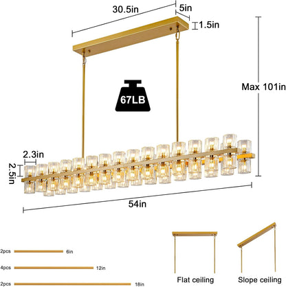 Crystal Brass Rectangle Chandeliers for Dining Room, 54in Gold Farmhouse Chandeliers for Dining Room, Modern Rectangle Crystal Chandelier for Kitchen Island Living Room, Includes 60XG4 Bulbs
