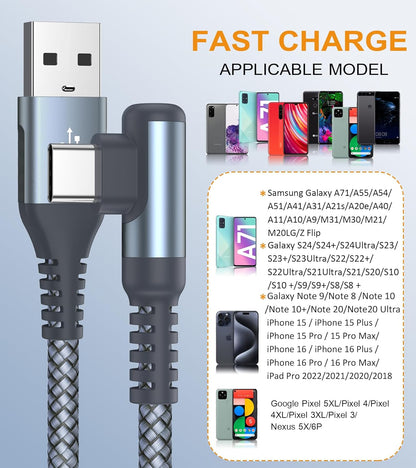 sweguard USB C Cable Right Angle [3Pack, 10FT+6.6FT+6.6FT], USB Type C iPhone 16 Charger Cable Nylon Braided Cord for iPhone 15 16 Pro Max Plus, Samsung Galaxy S25 S24 S23 S22 S21 S10 Note 20 10, Moto