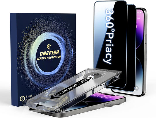OneFish for iPhone 15 Pro Max Privacy Screen Protector, 4-Way 360° Anti-Spy Tempered Glass, 9H Hardness, HD Clear Anti-Fingerprint 3D Curved Edges, Case-Friendly & Easy Installation [2 Pack]