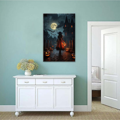 JFHCQJPK Halloween theme poster moonlit autumn night witch vintage poster art print dark college style gothic painting canvas wall decoration bedroom living room ideal gift12x16in Frameless
