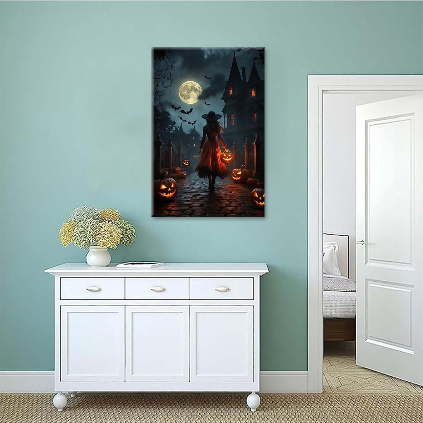 Halloween theme poster moonlit autumn night witch vintage poster art print dark college style gothic painting canvas wall decoration bedroom living room ideal gift24x36in Wood Framed