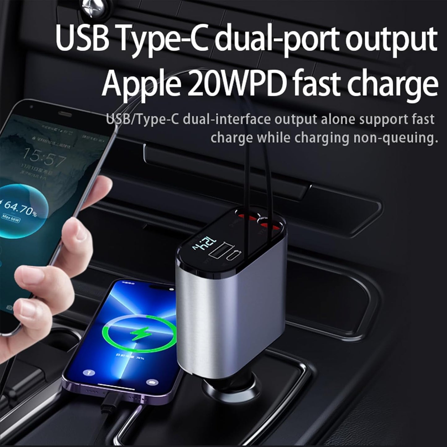 Retractable Car Charger，4 in1 Fast Car Phone Charger with Dual Retractable Cables and 2 Charging Ports (Dual Lightning Retractable Cords)