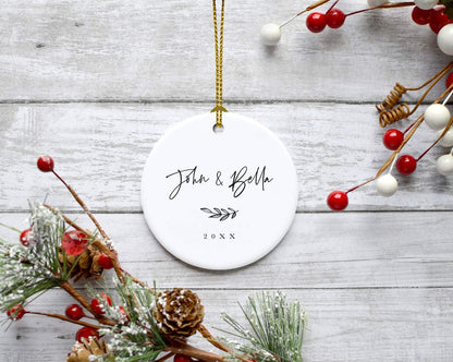 Andaz Press Personalized Round Ceramic Porcelain Christmas Tree Ornament Engagement Keepsake Collectible Gift, John & Olivia, Antique Handdrawn, 1-Pack