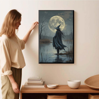 JFHCQJPK Witch in the moonlight magic canvas wall art enchanting Halloween home decor swamp witch silhouette oil painting mysterious gothic aesthetic wall decor print poster24x36in Metal blackFramed