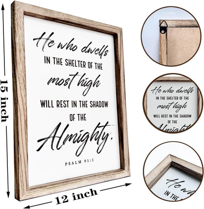 Christian Wooden Wall Sign, Inspirational Home Decor for Living Room, Wall Decor Art, Framed Wood Plaque Sign 15 * 11.5 inches, He Who Dwells in the Shelter of the Most High