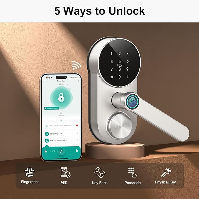 SMONET Smart Lock Keyless Entry Keypad Door Lock with Handle: WiFi Smart Fingerprint Lock for Front Door Easy Installation App Remote Control 2-Pack,WiFi Smart Deadbolt,Silver