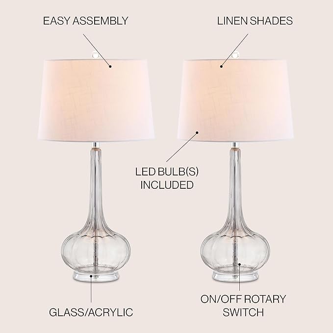 JONATHAN Y 28.5" Smoke Gray Glass Teardrop LED Table Lamp Set of 2 for Living Room Bedroom Nightstand, White Linen Shade Modern Transitional Bedside Desk Lamp (JYL1079D-SET2)