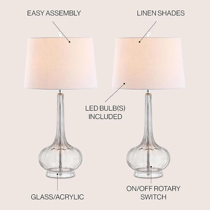 JONATHAN Y 28.5" Smoke Gray Glass Teardrop LED Table Lamp Set of 2 for Living Room Bedroom Nightstand, White Linen Shade Modern Transitional Bedside Desk Lamp (JYL1079D-SET2)