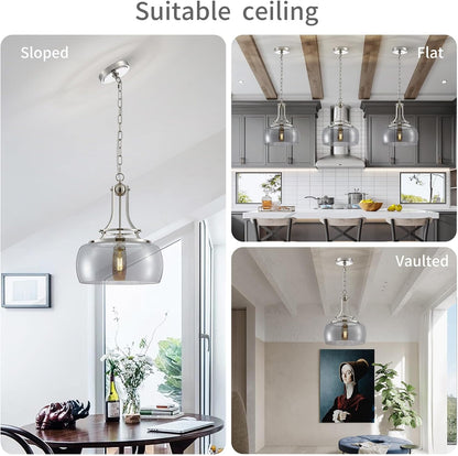 WUZUPS Nickel Chandelier Rustic Farmhouse Industrial Round Ceiling Pendant LED Light Fixture with Electroplated Gray Glass Shade for Dining Room Kitchen Island Foyer Entryway, H 17" W 13.4", E26 Base