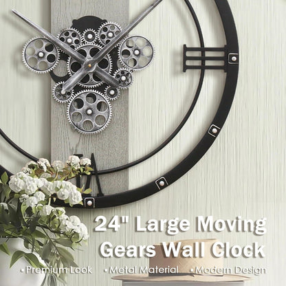 Micasso 24 inch Large Real Moving Gears Wall Clock: Black Industrial Steampunk Roman Numeral Clock - Modern Wall Decor for Living Room/Entryway/Office