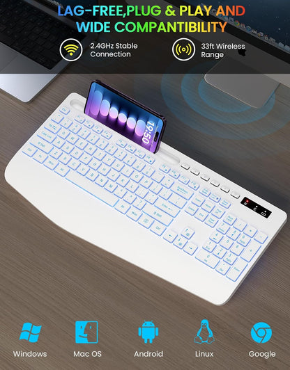 Wireless Keyboard with 7 Colored Backlit, Wrist Rest, Phone Holder, Rechargeable Ergonomic Computer Keyboard with Silent Keys, Full Size Lighted Keyboard for Windows, MacBook, PC, Laptop (White)