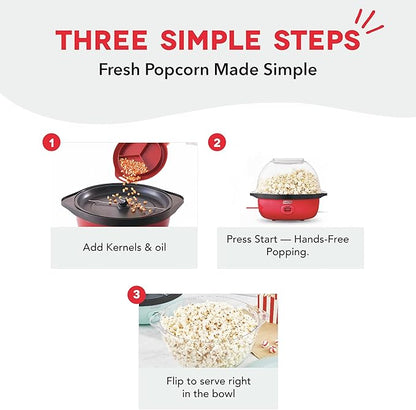 Dash SmartStore Deluxe Stirring Popcorn Maker - Hot Oil Electric Popcorn Popper with Butter-Warming Tray, Clear Serving Bowl, Storage Lid & Measuring Cup - 24 Cups, Red