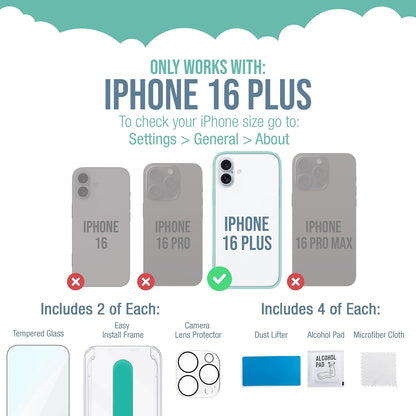 Smartish® iPhone 16 Plus Screen Protector + Camera Lens Covers - Tuff Sheet - 2-Pack Tempered Glass 9H Easy Install Frame Case-Friendly - Dynamic Island for Apple iPhone 16 Plus - Clear 2-Pack