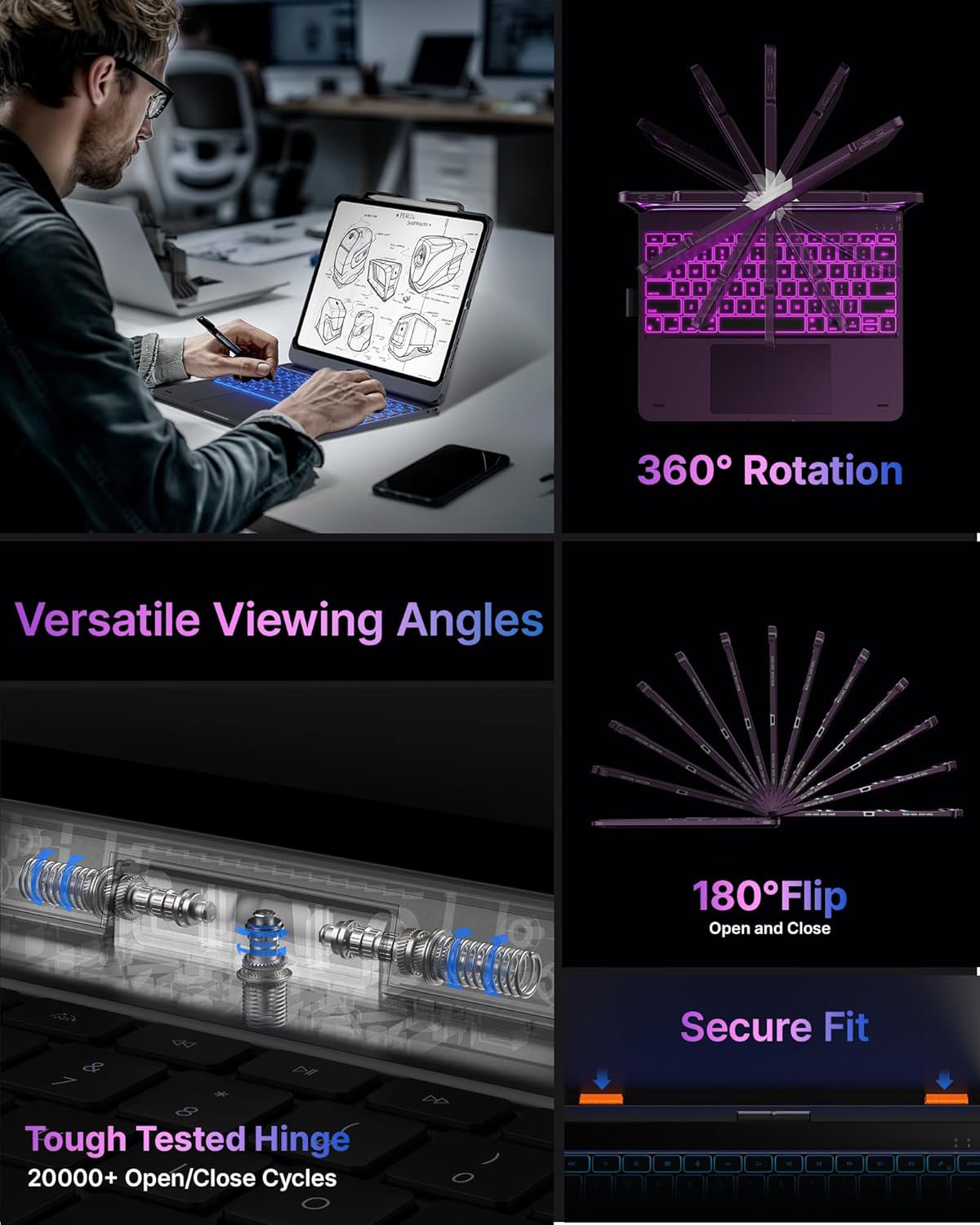 typecase Touch Case with Keyboard for iPad Pro 13-inch(M4, 2024), iPad Air 13-inch(M3, 2025/M2, 2024) & iPad Pro 12.9(6th/5th/4th/3rd Gen), Trackpad, 360° Rotatable, 11-Colors Backlit, Soft Purple
