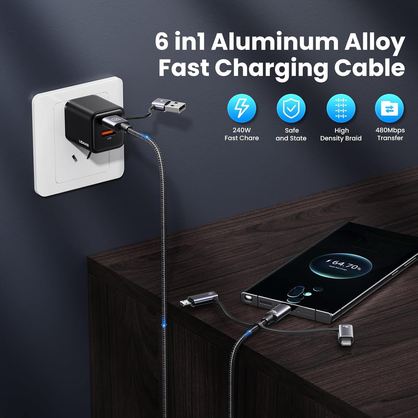240W Multi Charging Cable, 4ft 6-in-1 USB C Cable Fast Charging Cords with USB-C/A Ports to IP/Type C/Micro Connectors for Pad/Cell Phones/Tablets/Laptop
