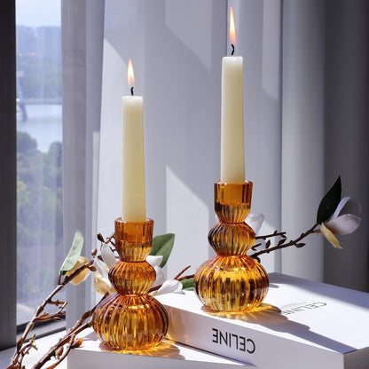 Woho Amber Taper Candle Holders 4.3" H for Halloween/Thanksgiving Decorations, Set of 3 Ribbed Glass Candlestick Holders Vintage for Fall Wedding, Boho Candle Sticks Holder Decor for Dining Table