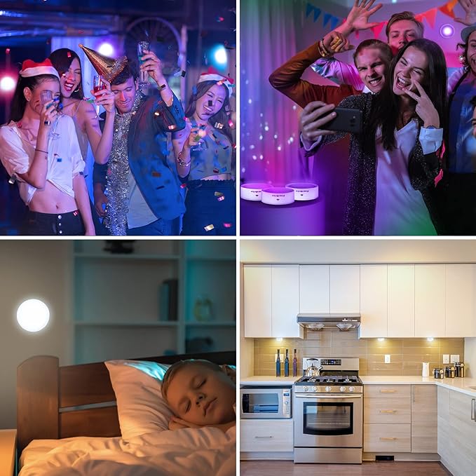 EverBrite Puck Lights with Remote, Wireless LED Puck Lights Battery Operated, 13 RGB Colors Changing Under Cabinet Lights, Dimmable Closet Lights with Timer, Battery Included (6-Pack)