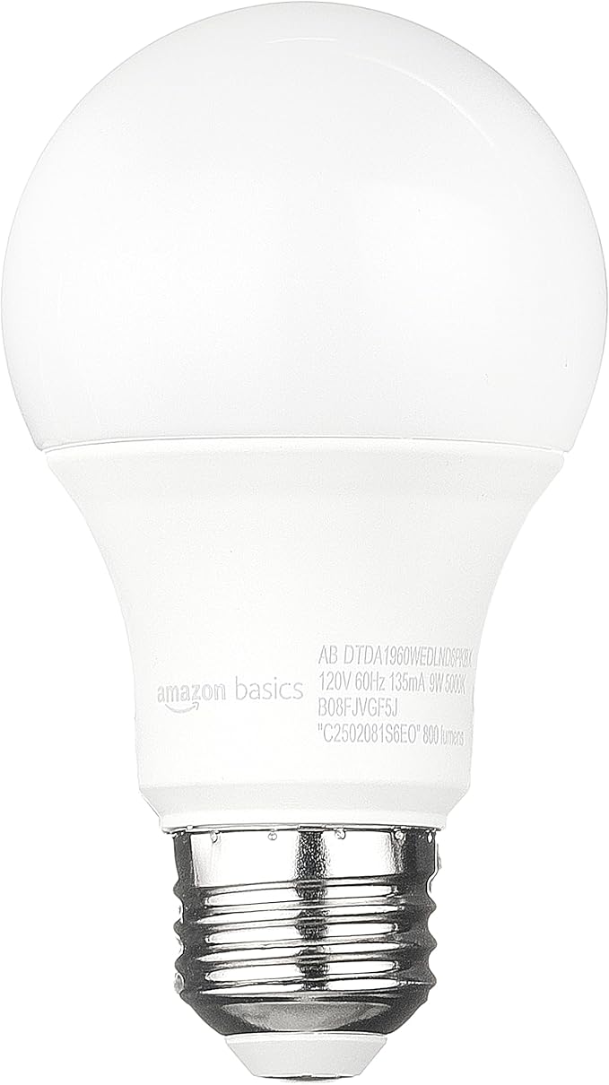 Amazon Basics A19 Dusk to Dawn Sensor LED Outdoor Light Bulb, 60W Equivalent, Energy-Efficient 9W, Daylight White, 5000K, E26 Base, 10,000 Hours, 6 Count (Pack of 1)