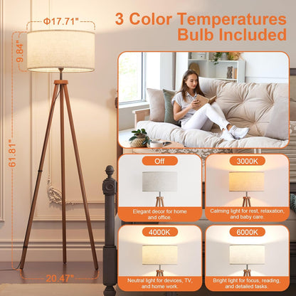 LiteHistory Wood Tripod Floor Lamps for Living Room, Bedroom, and Office,Standing lamp with Beige Linen Shade, 12W Three-Color Bulb Included, Pull Chain Switch, Tall lamp for Mothers Day Gifts, Brown