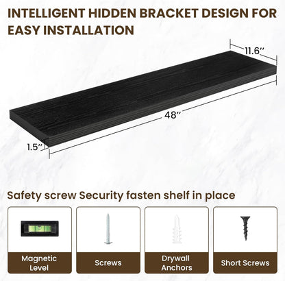 48 Inch Floating Shelves, 12 Inch Deep Floating Shelves for Wall, Floating Shelf with Invisible Brackets, Deep Shelves for Bathroom, Bedroom, Living Room, 1 Pack, Black