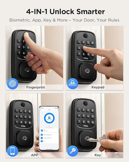 TCL D1 Smart Lock, Fingerprint Door Lock, Keyless Entry Keypad Deadbolt Lock for Front Door, Built-in WiFi, Works with Alexa/Google Assistant, Easy Installation, 8 Months Battery (Black)