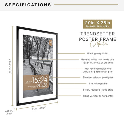 MCS Trendsetter 20x28 Matted Poster Frame with 16x24 Picture Display, Black Vertical & Horizontal Wall Hanging Large Picture Frame for Photos & Posters (1-Pack)