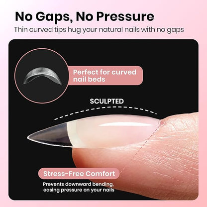 Beetles Gel Almond Nail Tips Short, Curve-EX 640pcs 16 Sizes, Etch-X Half Matte Full Cover Soft Acrylic False Press on Nail Tips Easy DIY Nail Extension Art Salon for Curved & Natural Nail Beds