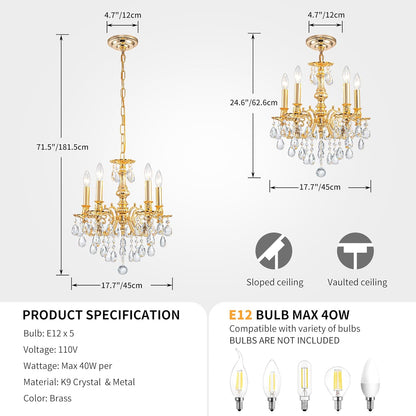 French K9 Crystal Maria Theresa Chandeliers, Luxury Vintage Pendant Light Fixture for Dining Room, Living Room, D17.7*H25~72 inch (Adjustable), Clear Crystal & Brass Finish Frame
