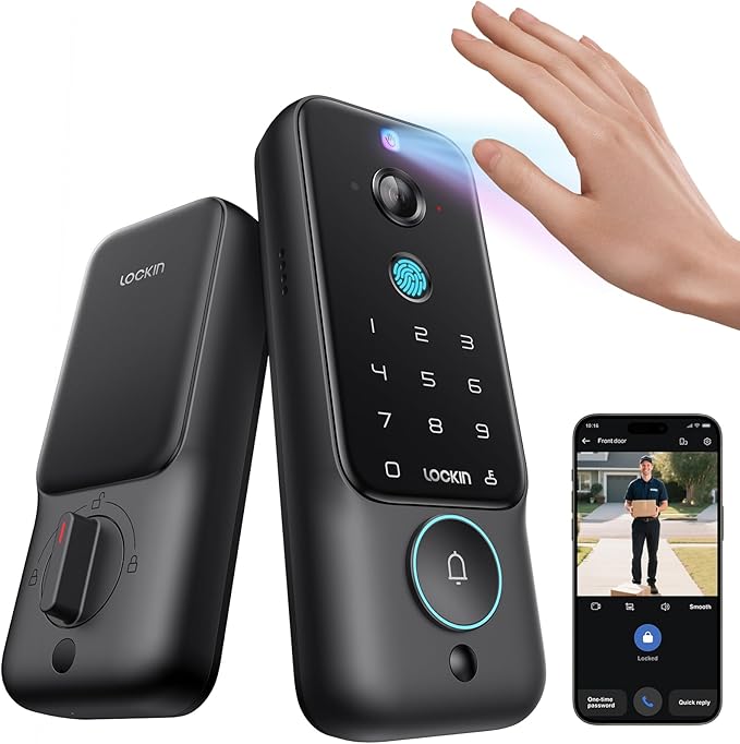 Lockin Veno Plus Smart Lock with 2K 180° Security Camera & Video Doorbell, AI Local Storage, Palm Vein/Fingerprint Keyless Entry Door Lock, Smart Locks for Front Door Bulit in Wi-Fi, App Control