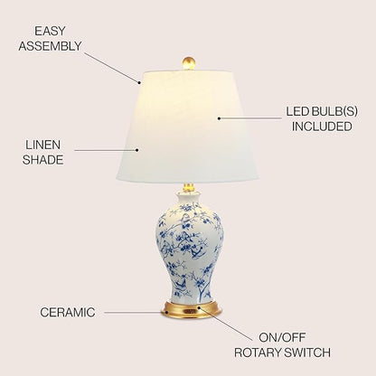 JONATHAN Y 24" Blue/White French Country Ceramic Floral Urn Table Lamp, White Linen Shade, Chinoiserie Ginger Jar Bedside Lamp for Living Room Bedroom, LED Bulb (JYL3009B)
