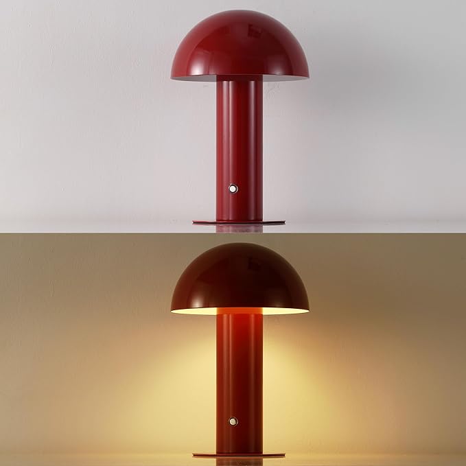 JONATHAN Y 10.75" Red Rechargeable LED Mushroom Table Lamp, Cordless Portable Bedside Lamp for Living Room Bedroom, 3-Way Dimmable Modern Iron Desk Light, Metal Shade (JYL7115G)