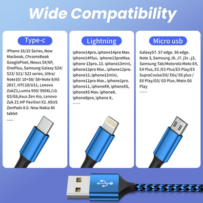 Multi Charging Cable(3Pack 4FT), 3 in 1 Charging Cable for Multiple Devices, USB-A Multi Charger Cord with Type-C, Micro USB and IP Port for iPhone 16/15/14/13/iPad/Android/Tablets and More