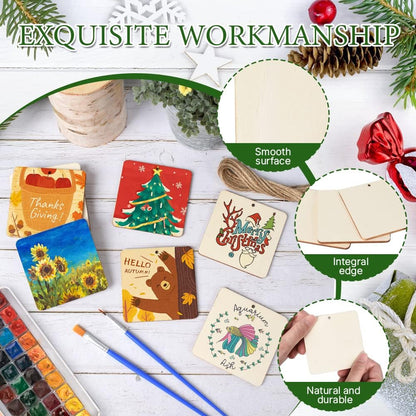 50 Pcs Square Wooden Tags, 3x3 Inch Unfinished Square Wood Slices Blank Square Wooden Slices with Holes, with Jute Twines for Sign Tags Home Party Hanging Decoration