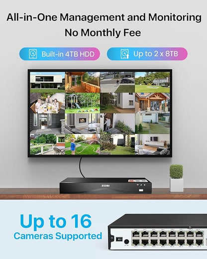 ZOSI 4K PoE Security Camera System,16 Port 32CH 8MP NVR with 4TB HDD,8pcs 4K Indoor Outdoor PoE IP Cameras,Face/Person/Vehicle Detection,2 Way Audio,Night Vision,Dual-Disk Backup for 24/7 Recording