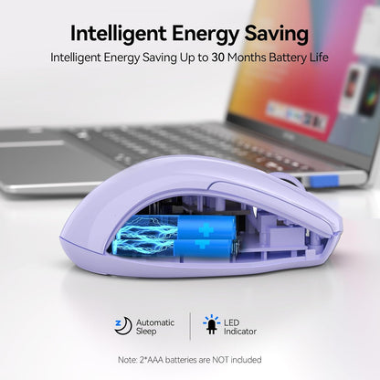 TECKNET Wireless Mouse (2.4G & BT5.0/3.0) Silent 4800 DPI Computer USB A & Bluetooth Mouse 6 Buttons, Wide Compatibility - Lavender