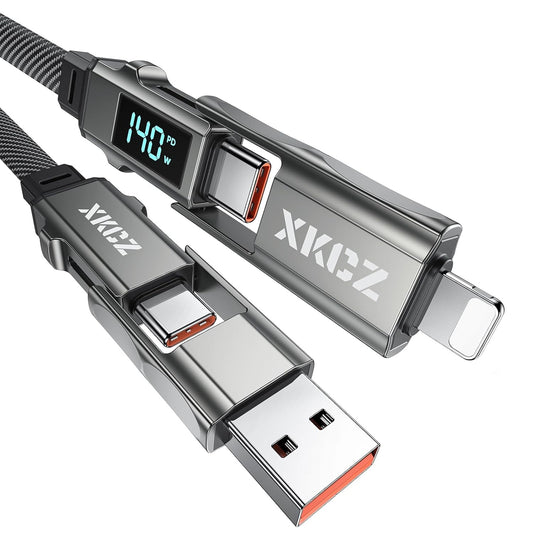 4 in 1 USB C Cable with Wattage Display, 140W Flat Nylon Braided Multi Charge Cable with Data Sync, USB C Charging Cord Combo Type C/USB A/L Port for iPhone/iPad/Samsung/Laptop, 5FT