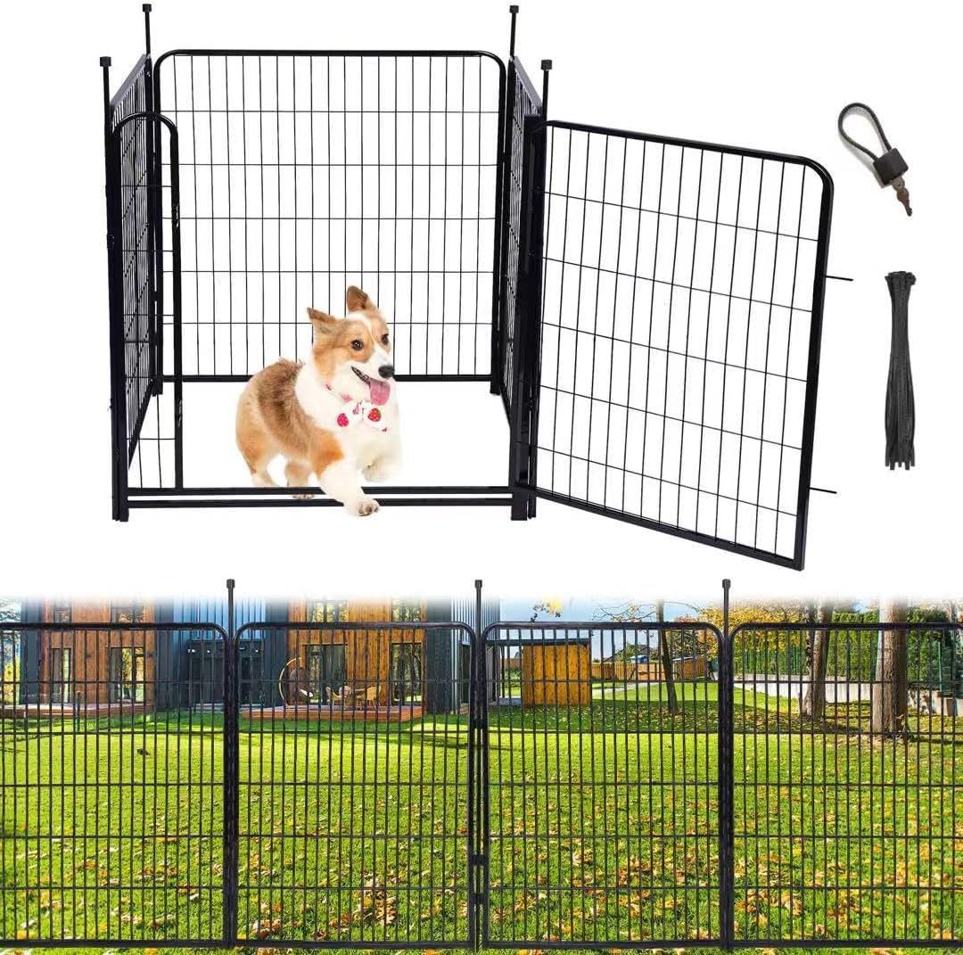 Tall Garden Fence Animal Barrier,Wide Gate Low Threshold Fence Panels, 48in(H) 4 Panels Total 8.9 Ft(L) Flower Bed Fencing, Heavy Metal Dog Fence Outdoor for Yard