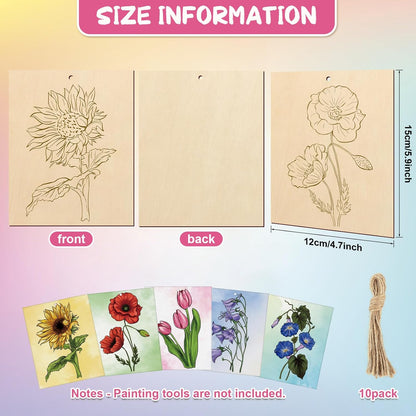 COCHIE 10 Pieces Large Flowers Unfinished Wood Crafts to Paint for Adults and Kids, Bulk Predrilled Wooden Ornaments for Painting, Tulips Flower Paintable Wood Slices Craft Supplies with Ropes