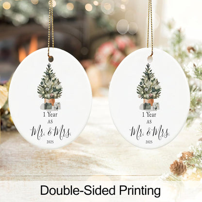 First Anniversary Ornament Gifts for Couple, Wedding Keepsake for 1 Year as Mr and Mrs, Ceramic Christmas Ornament With Ribbon and Box