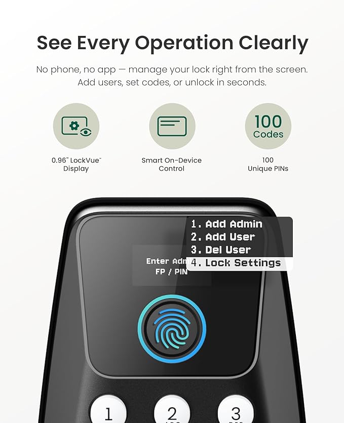 DESLOC C110 Keyless Entry Door Lock with Fingerprint - Smart Deadbolt Lock for Front Door with 2 Keys - Auto Lock - Easy Installation, 100 PIN Codes, IP54 Waterproof, BHMA Grade 3, Black