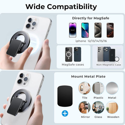 Dual-Side for Magsafe Phone Grip with Magnetic Phone Stand, Magnet Ring Holder for iPhone 16/15/14/13/12 Pro Max Series Magsafe Case, Strong Magnetic Car Mount, Gym Phone Holder