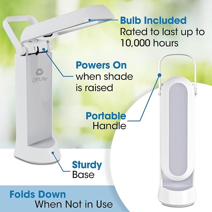 OttLite Folding Task Lamp, White – Multi-Position Shade, Fold-Up Design, Portable Handle, Low Heat & Low Glare Illumination, Fits on Desks & Workstations