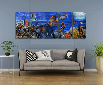 Yihui Arts Handcrafted Colorful Fish Metal Wall Art, Large Metal Wall Art in Modern Ocean Design, 3D Wall Art for Modern and Contemporary Decor, 5-Panels, Metal Wall Decor Works