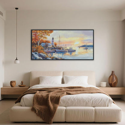 QZQCBLC Harbor Landscape Wall Art, Large Sunset Over the Sea Boat Gallery Pictures Artwork Modern Lighthouse Ocean View Paintings Framed for Living room Bedroom kitchen Home Office Decor 29x58 IN