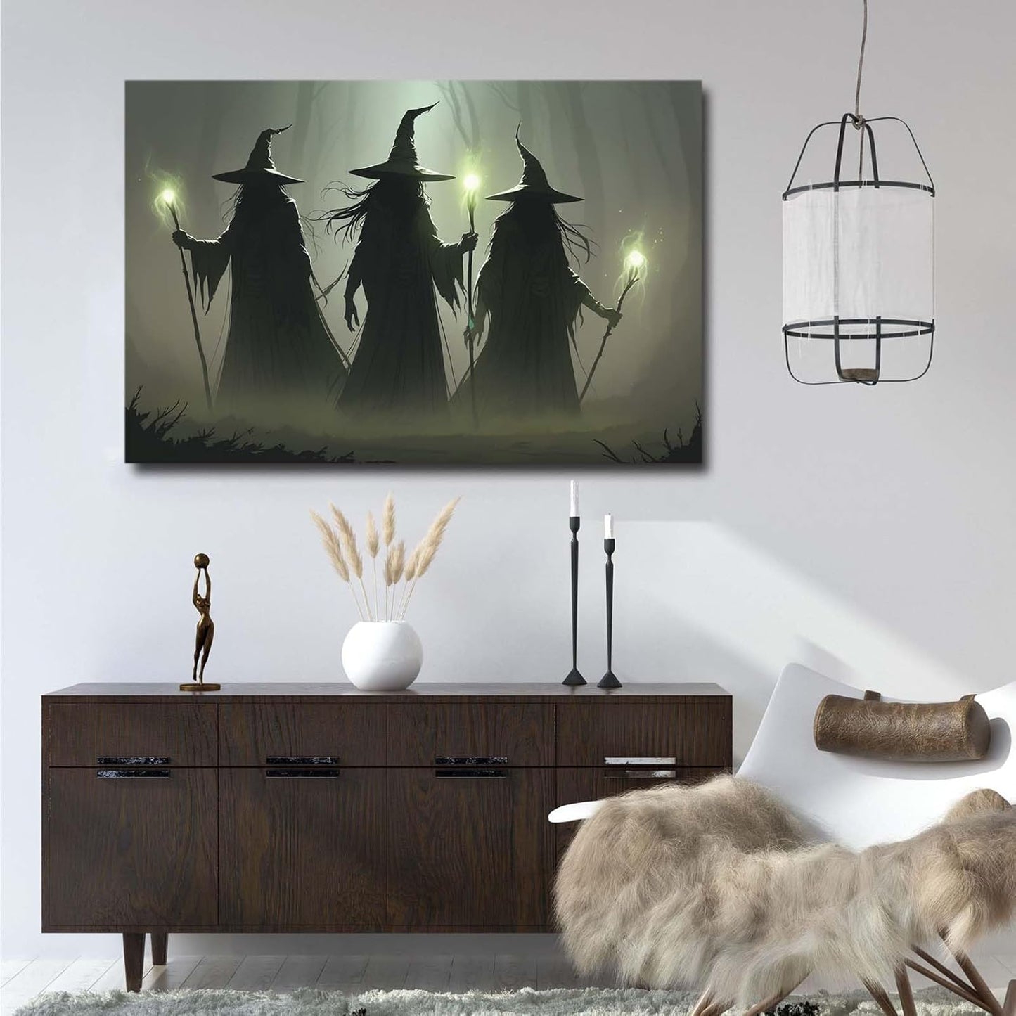 JFHCQJPK Vintage 3 witches canvas wall decor melancholy dark Halloween poster wall decor holding a staff print Gothic horror Halloween painting print for living room bedroom12x16in Frameless