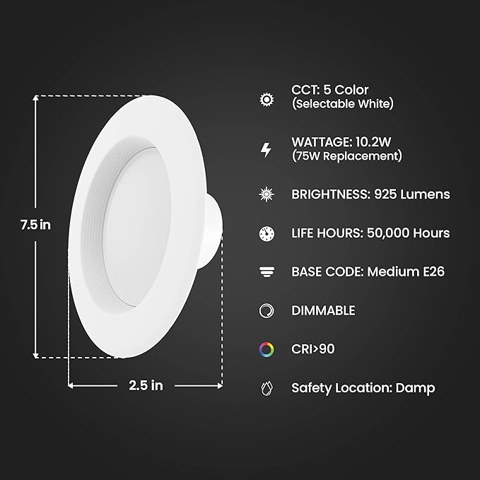 Feit Electric LED Downlight Retrofit Kit with Baffle Trim, 75W Equivalent, 5/6-Inch Dimmable Recessed Light, Adjustable White 2700K–5000K, 90+ CRI, for Living, Bathroom, Dining & Kitchen Room