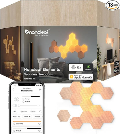 Nanoleaf Elements Wood Look Smart Wall Lights, Hexagon LED Wall Lights work with Alexa Google Assistant, Home Wall Decor for Living Room with Music Sync, Touch Control, Ambient White 1500-4000K, 13 PK